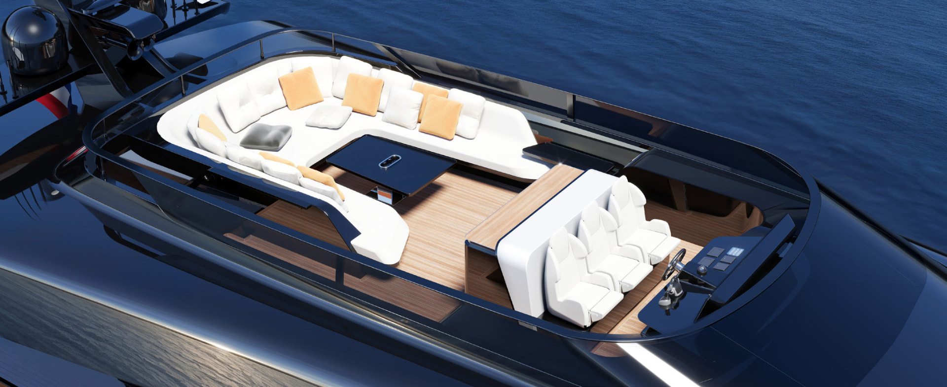 Aerial view of the Armada 115 flybridge deck, with white and tan lounge seating, a teak sun deck and helm station above deep blue water